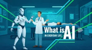 Futuristic vector illustration of a glowing AI orb with neon data streams and bold text 'এআই কি', suitable for a blog featured image about AI.