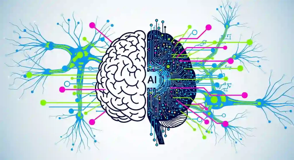 Vector illustration of artificial intelligence merging with human brain, symbolizing AI thinking like humans, suitable for blog post about 'এআই কি'.
