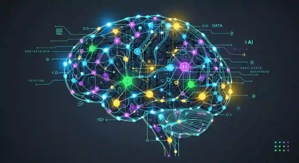 Vector illustration of a neural network resembling human brain synapses, symbolizing AI processing data like the human brain, suitable for a blog post about neural networks.