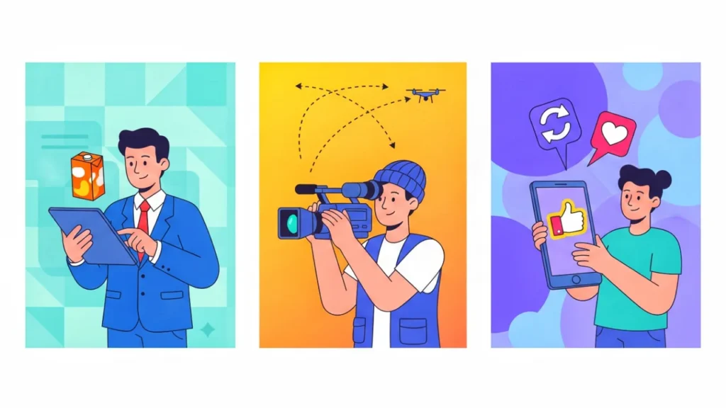 A vector triptych showing different users for AI video generators: a marketer using Veo 3.1 for branding, a filmmaker for camera control, and a creator using Sora 2 for social media.