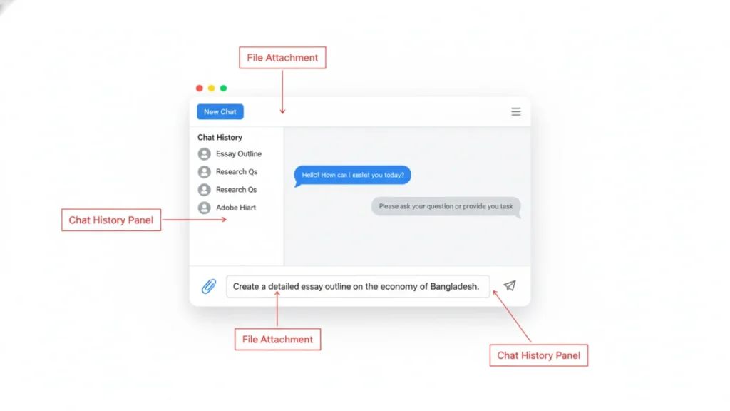 Claude AI ব্যবহার গাইড অনুযায়ী চ্যাট ইন্টারফেসে ইংরেজি প্রম্পট লেখার একটি উদাহরণ।