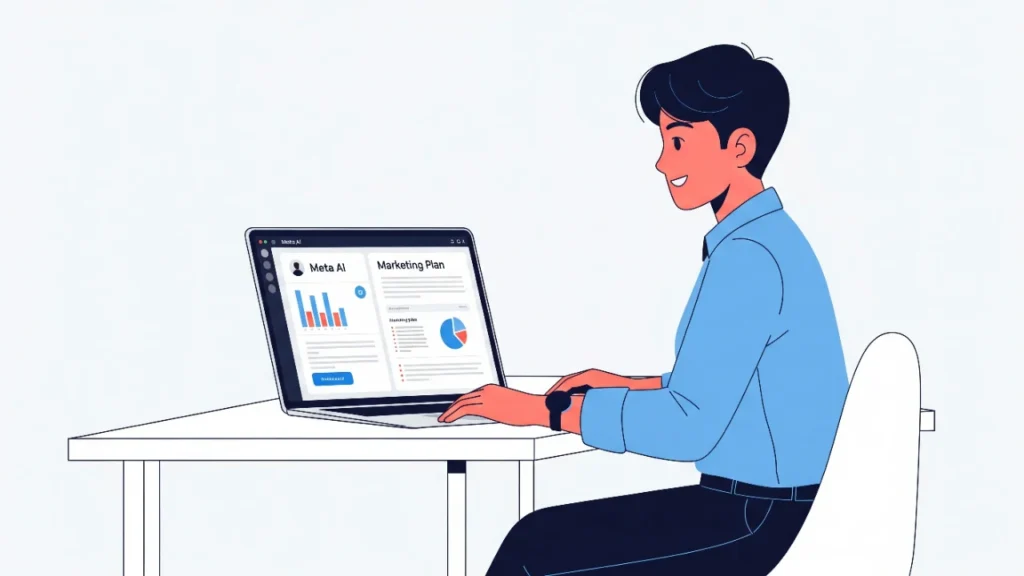 Meta AI: ফেসবুকের নতুন এই AI টুলের সেরা ৫টি ফিচার 4 A vector illustration showing an entrepreneur receiving a marketing plan from Meta AI on their laptop, representing its utility for business.