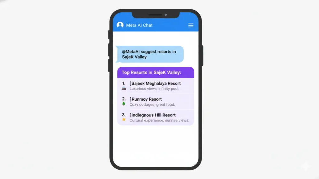 Meta AI: ফেসবুকের নতুন এই AI টুলের সেরা ৫টি ফিচার 3 Vector art of a chat interface on a phone where a user is planning a trip with Meta AI, showcasing its app integration feature.