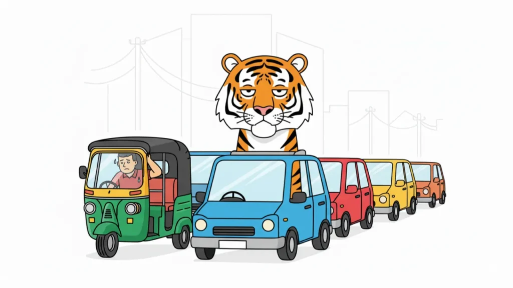 Meta AI: ফেসবুকের নতুন এই AI টুলের সেরা ৫টি ফিচার 2 A humorous vector illustration created by AI, showing a Royal Bengal Tiger stuck in a Dhaka traffic jam, demonstrating Meta AI's image generation capabilities.