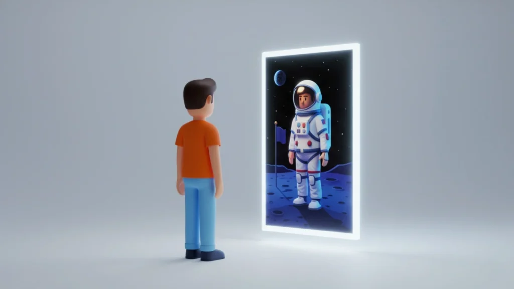 A 3D vector illustration of the 'Cameo' feature in OpenAI's Sora 2, showing a person transforming into an astronaut, a key generative feature not in Veo 3.1.