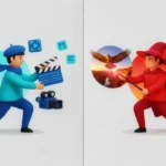 A 3D vector thumbnail comparing Veo 3.1, represented by a film director with tools, and Sora 2, represented by a magician creating a realistic scene with a wand.
