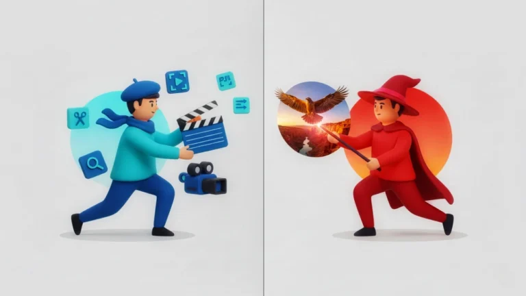 Veo 3.1 vs Sora 2: আপনার জন্য সেরা AI ভিডিও জেনারেটর কোনটি? 1 A 3D vector thumbnail comparing Veo 3.1, represented by a film director with tools, and Sora 2, represented by a magician creating a realistic scene with a wand.