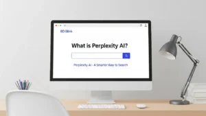 কম্পিউটার স্ক্রিনে 'What is Perplexity AI?' লেখা সহ ক্লিন ডেস্ক এবং সার্চ ইন্টারফেস