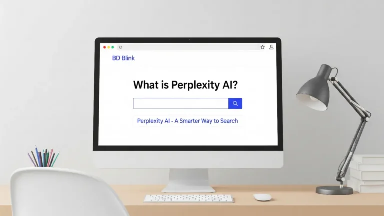 Perplexity AI কী এবং কীভাবে ব্যবহার করবেন: জানুন বিস্তারিত গাইড 4 কম্পিউটার স্ক্রিনে 'What is Perplexity AI?' লেখা সহ ক্লিন ডেস্ক এবং সার্চ ইন্টারফেস