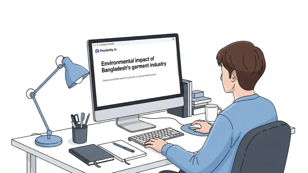 Perplexity AI কী এবং কীভাবে ব্যবহার করবেন: জানুন বিস্তারিত গাইড 4 Perplexity AI ব্যবহারিক উদাহরণ: বিশ্ববিদ্যালয় ছাত্র কম্পিউটারে 'Environmental impact of Bangladesh's garment industry' অনুসন্ধান করছে